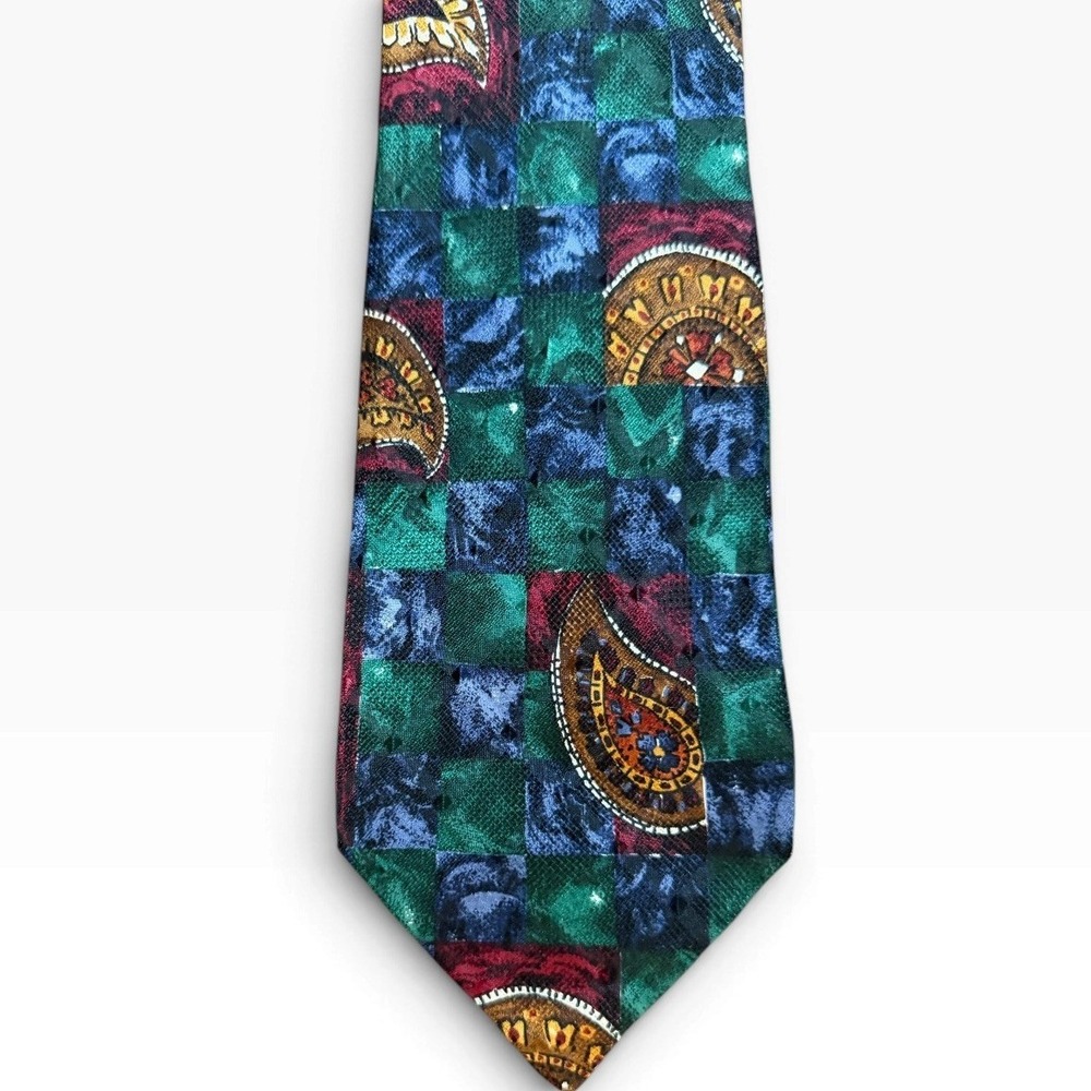 Ermenegildo Zegna Silk Tie Green Blue Paisley Checkered Made Italy Wide Lawyer